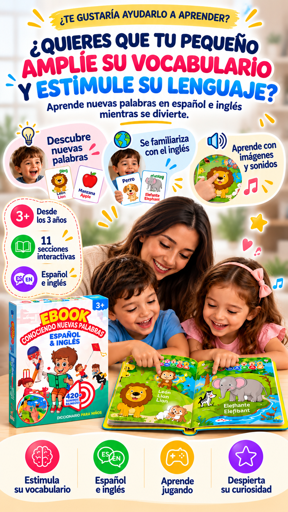 LIBRO INTERACTIVO BILINGUE + 4 LIBROS MÁGICOS| AUMENTA TU VOCABULARIO