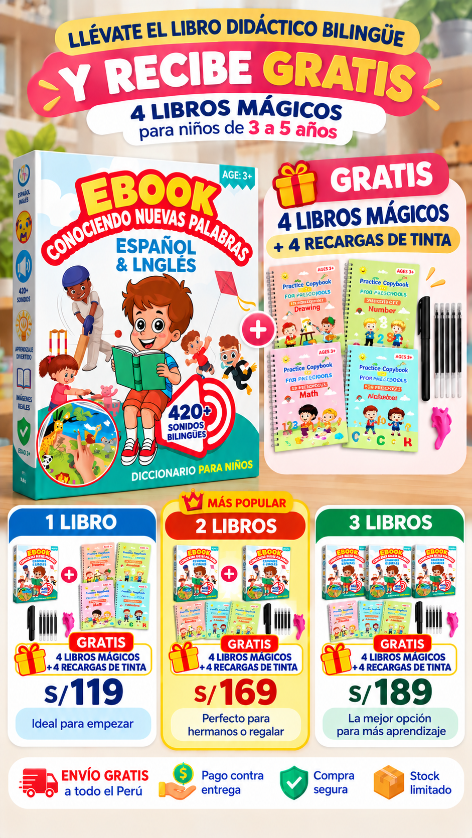 LIBRO INTERACTIVO BILINGUE + 4 LIBROS MÁGICOS| AUMENTA TU VOCABULARIO